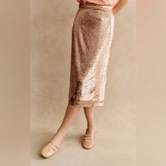 Sezane Magalia Skirt Sequined Midi Skirt Gold size 2 - Picture 2 of 16